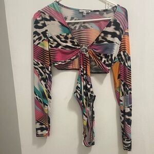 Fashion Nova Multicolor Abstract Tie-Front Bodysuit